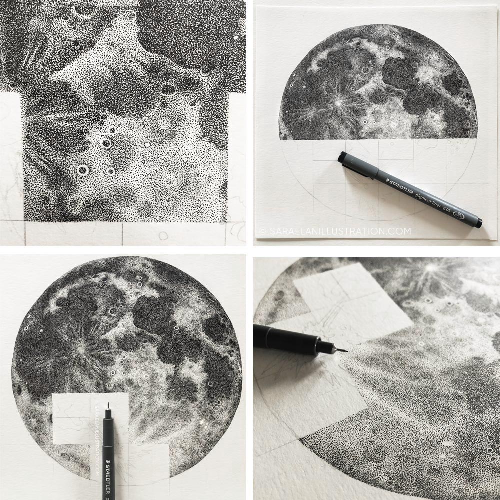 Luna piena disegnata a puntini in inchiostro con tecnica dotwork work in progress