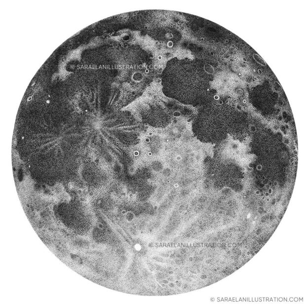 Luna piena disegnata a puntini in inchiostro con tecnica dotwork puntinismo