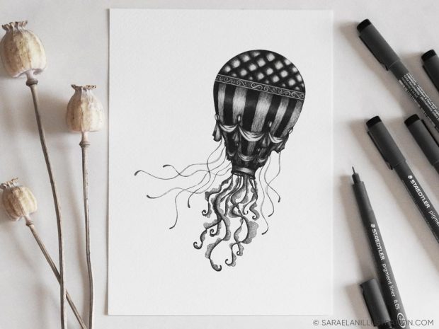 Disegno vintage di una mongolfiera metà medusa