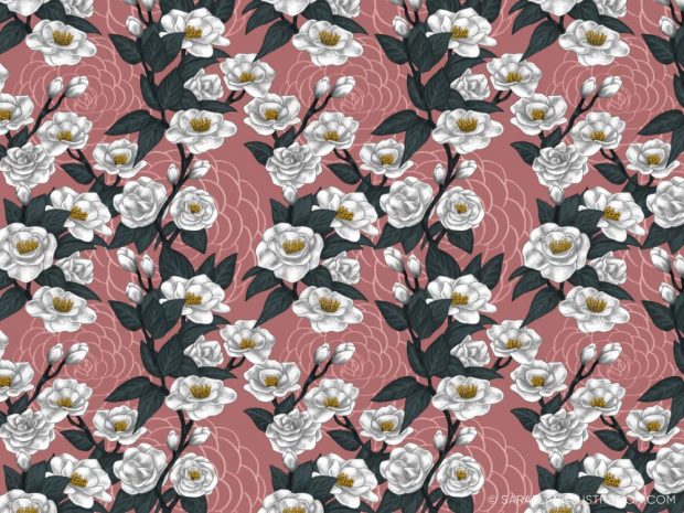 Pattern personalizzato con illustrazione di rami di camelia con fiori bianchi su sfondo rosa antico - pattern personalizzati creati per Hasu Lab Design