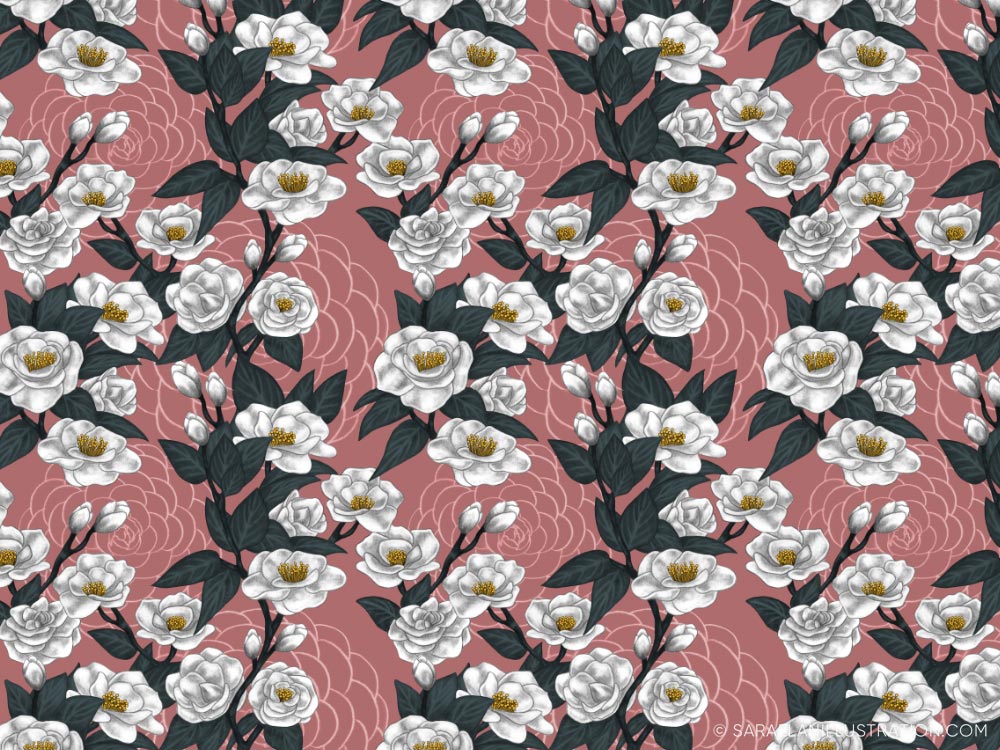 Grafica con fiori bianchi su sfondo rosa - pattern personalizzati creati per Hasu Lab Design