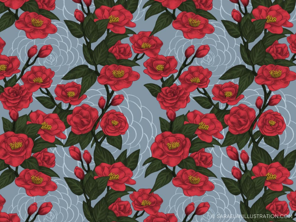 Grafica con fiori corallo su sfondo azzurro - pattern personalizzati creati per Hasu Lab Design