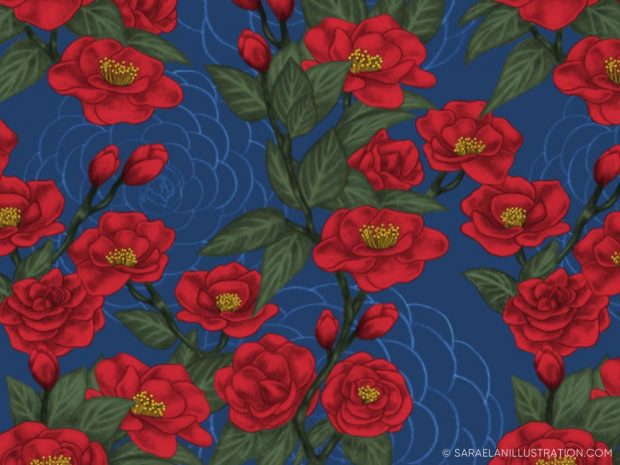 Pattern personalizzato con illustrazione di rami di camelia con fiori rossi su sfondo blu navy - pattern personalizzati creati per Hasu Lab Design