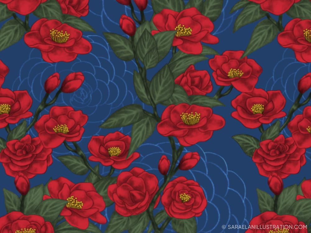 Pattern personalizzato con illustrazione di rami di camelia con fiori rossi su sfondo blu navy - pattern personalizzati creati per Hasu Lab Design