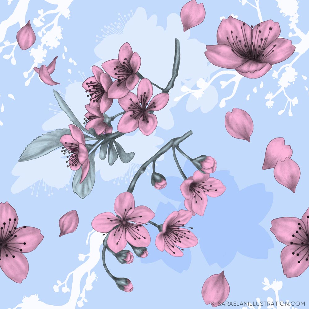 Pattern personalizzato con disegno di fiori di ciliegio azzurro