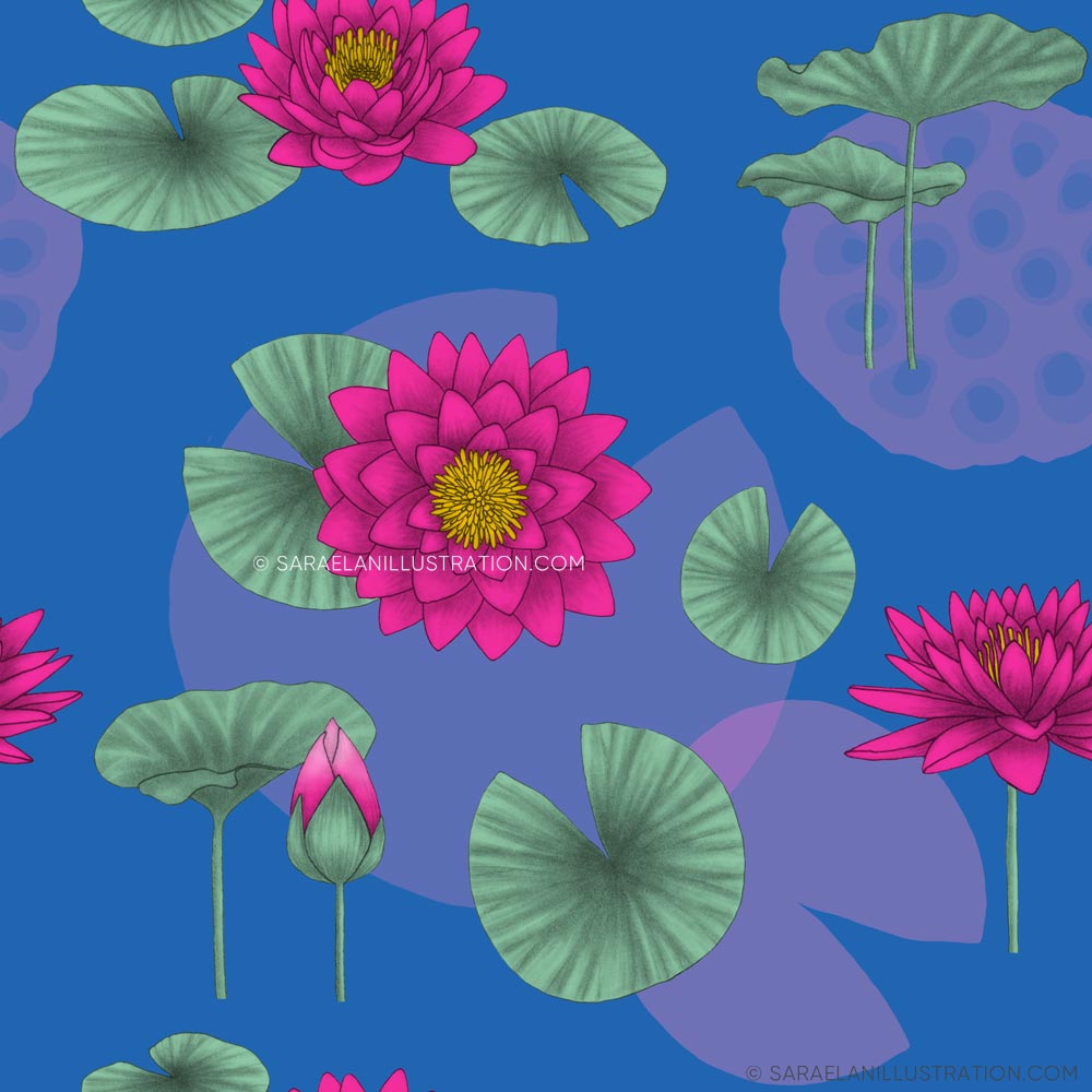 Pattern personalizzato con disegni di fiore di loto su sfondo blu - pattern personalizzati creati per Hasu Lab Design