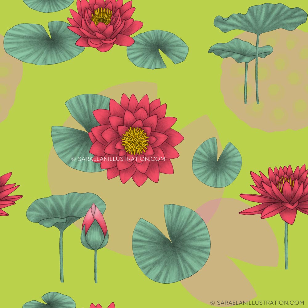 Pattern personalizzato con disegni di fiore di loto su sfondo verde acido - pattern personalizzati creati per Hasu Lab Design