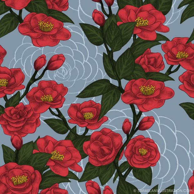 Illustrazione per pattern personalizzato con rami di camelia fiori corallo su sfondo azzurro - pattern personalizzati creati per Hasu Lab Design
