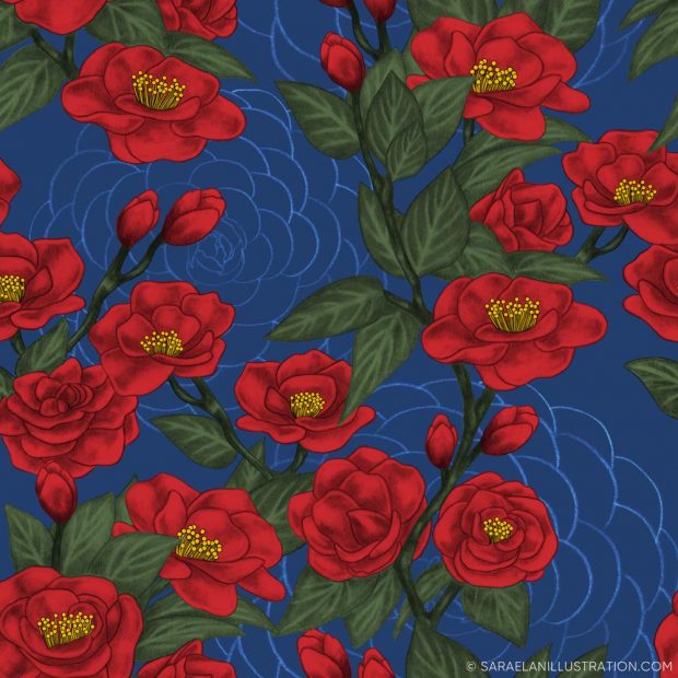 Illustrazione personalizzata per pattern con rami di camelia con fiori rossi su sfondo blu navy