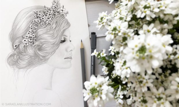 Disegno originale a matita ragazza con fiori tra i capelli