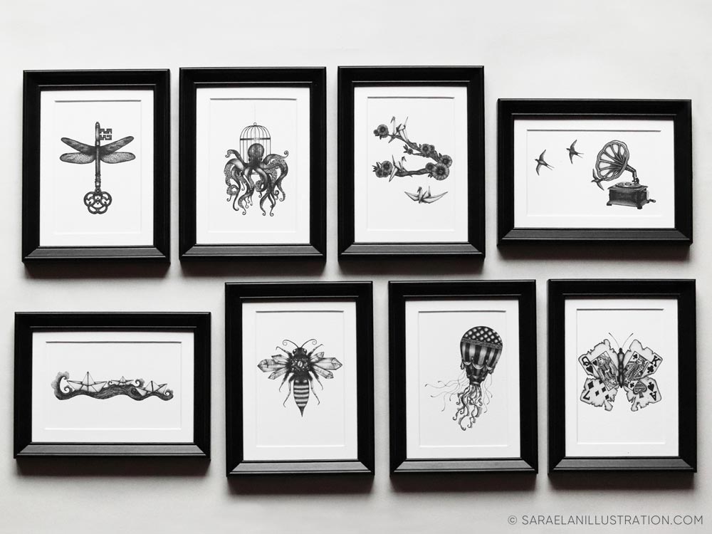 Set illustrazioni surreali e vintage in bianco e nero per composizione di tante cornici