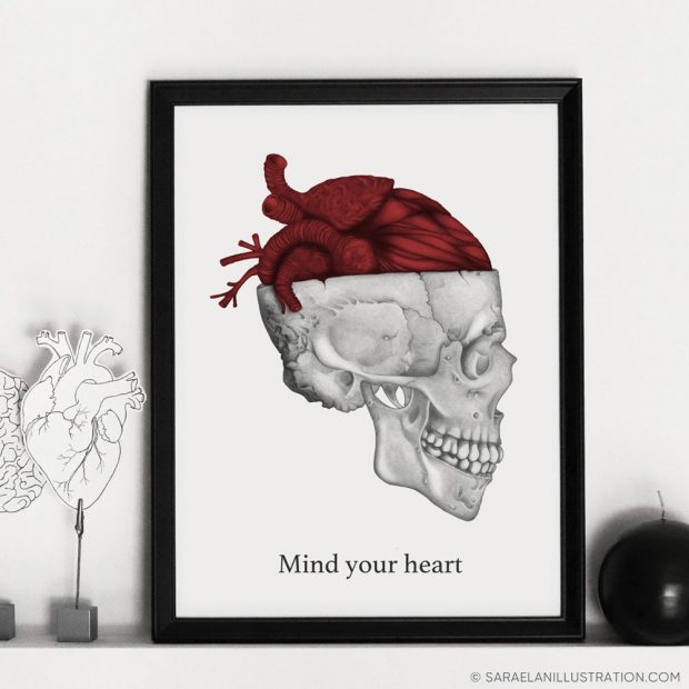 Stampa anatomica cuore rosso in testa metafora dell'amore