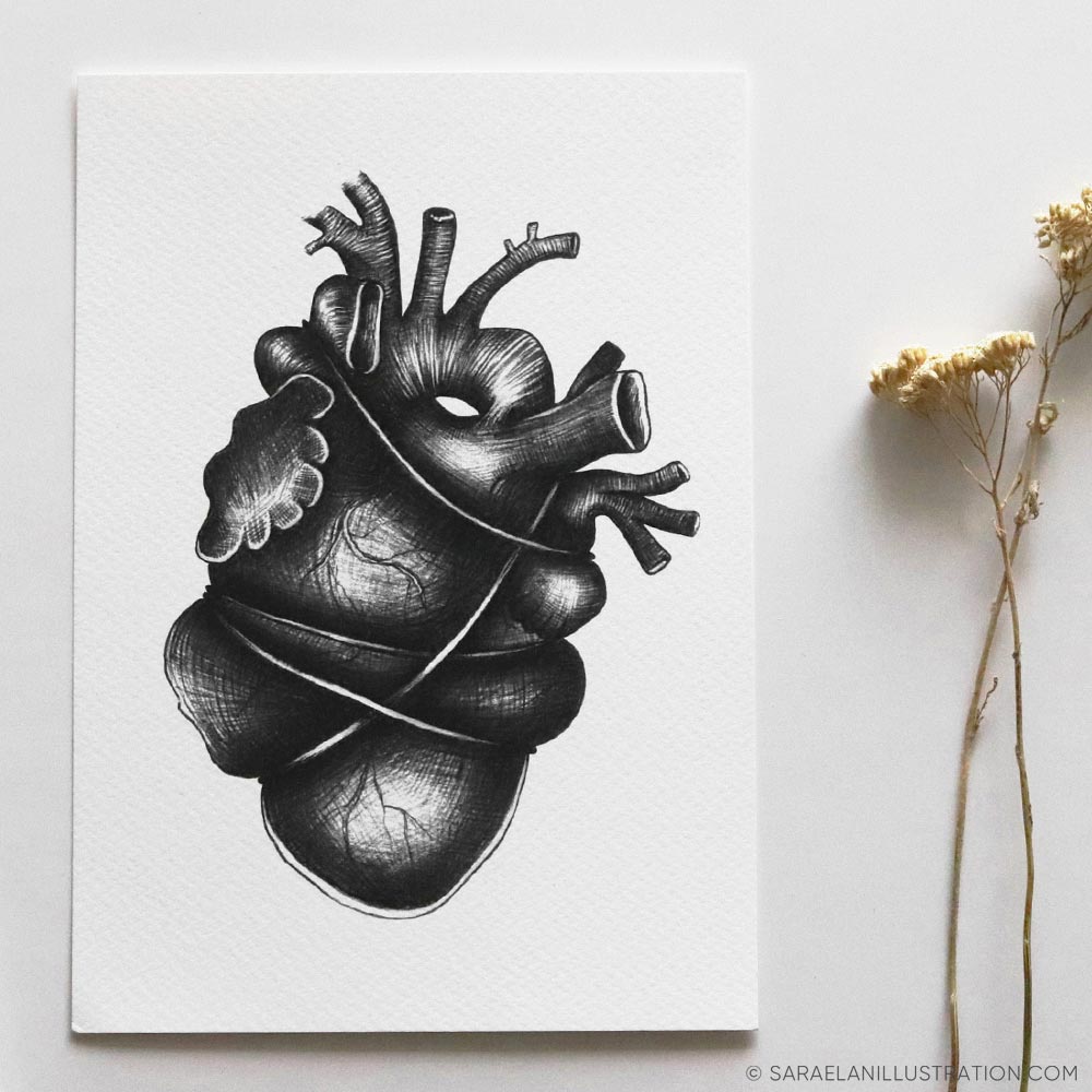 Stampa cuore anatomico legato stretto che scoppia metafora della passione