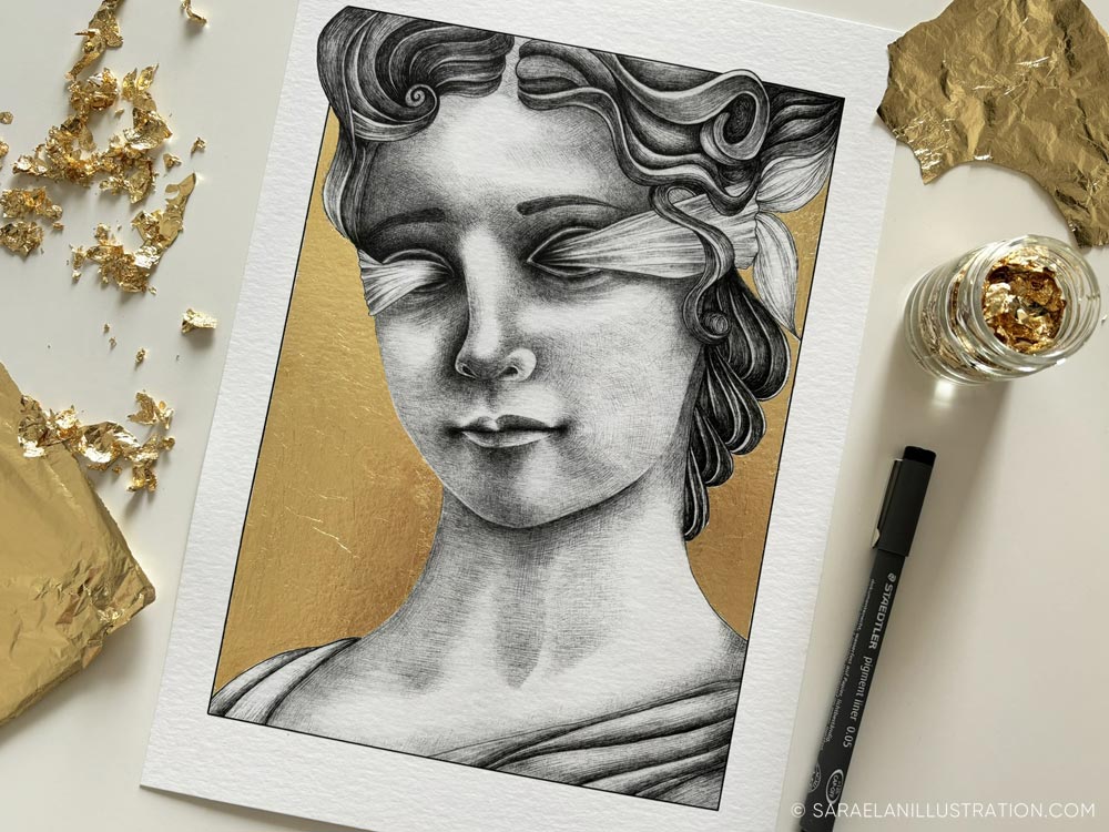 Stampa della dea romana Fortuna bendata con foglia oro