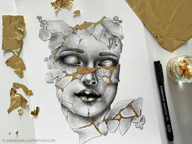 Stampa ragazza Kintsugi con foglia oro