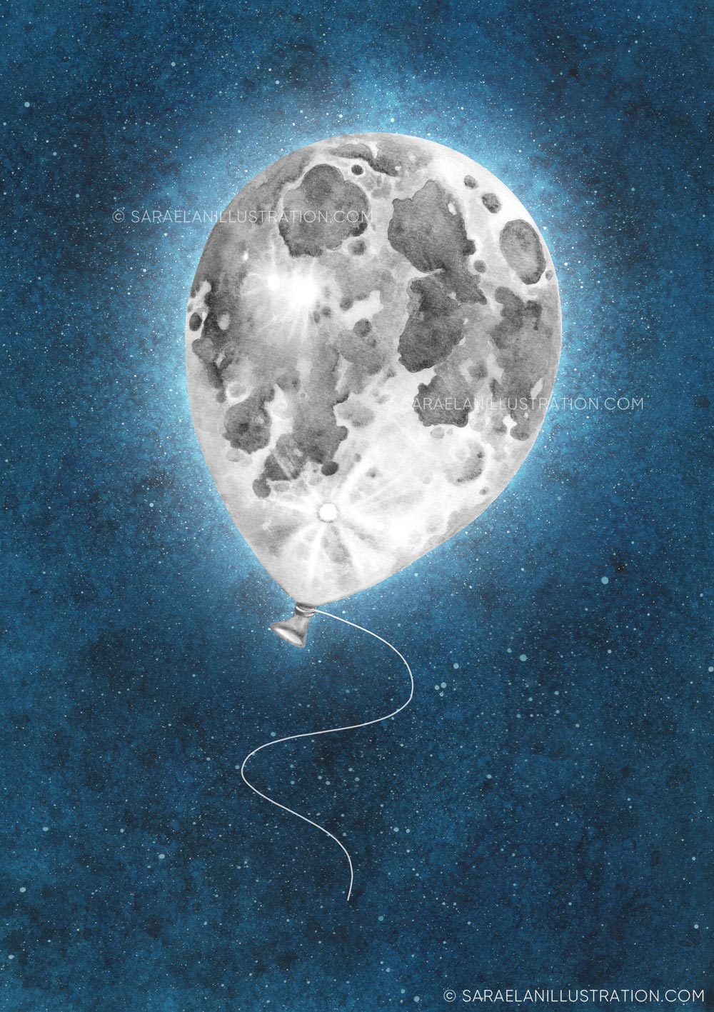 Luna con forma di un palloncino che vola nel cielo blu stellato
