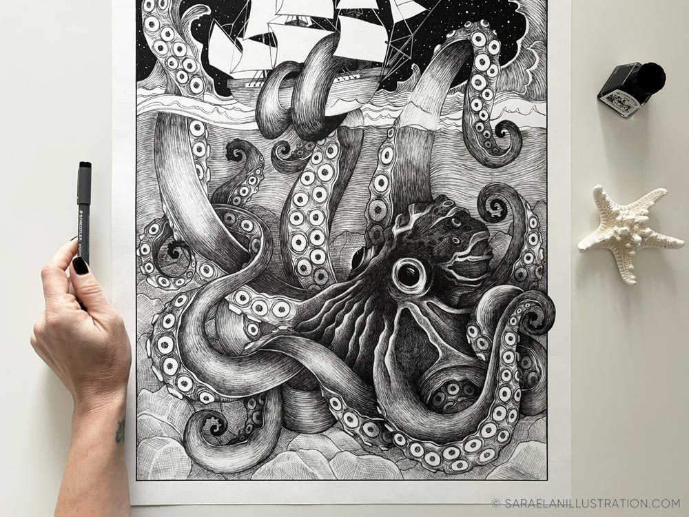 poster kraken polpo gigante che cattura una nave