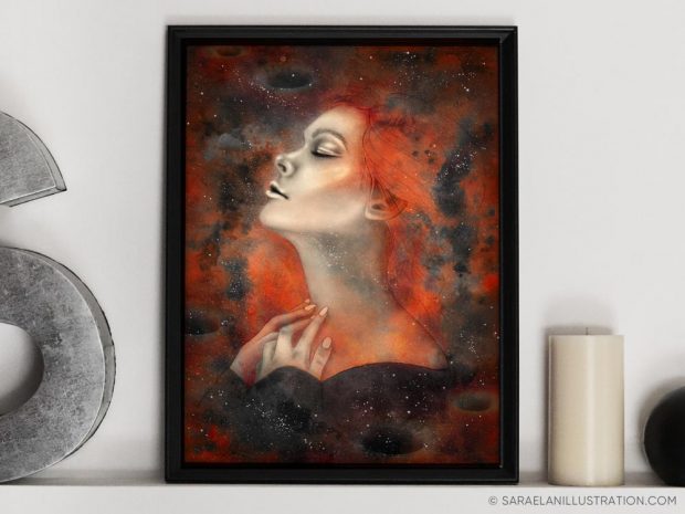 stampa ragazza sole in un cielo cosmico di nebulose arancioni con buchi neri