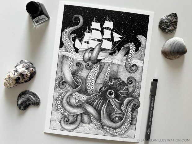 stampa kraken polpo gigante che cattura una nave