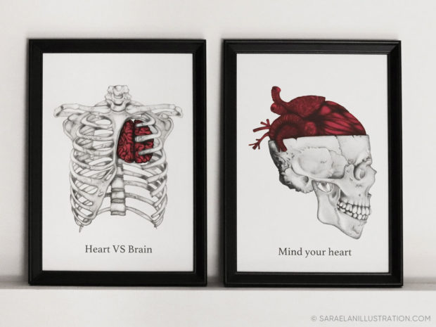 Stampe con illustrazioni anatomiche della lotta tra cuore e cervello con colore rosso